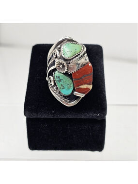 Large Sterling Silver Turquoise Red Jasper Ring Southwestern Style Size 24.48g